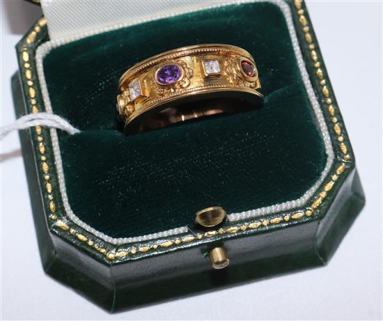 9ct gold gem set broad band ring